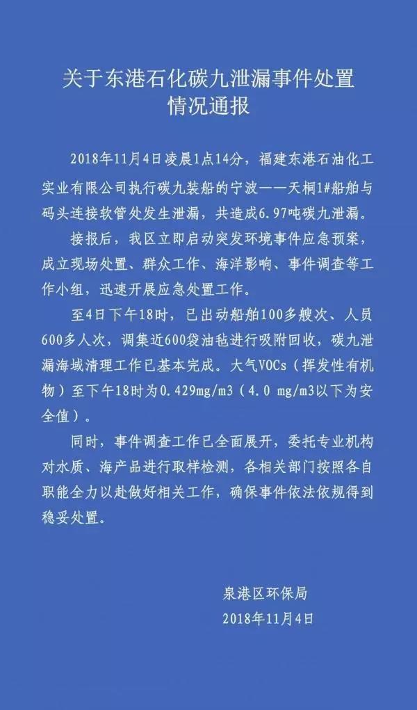 突發！福建東港石化船舶泄露6.97噸碳九